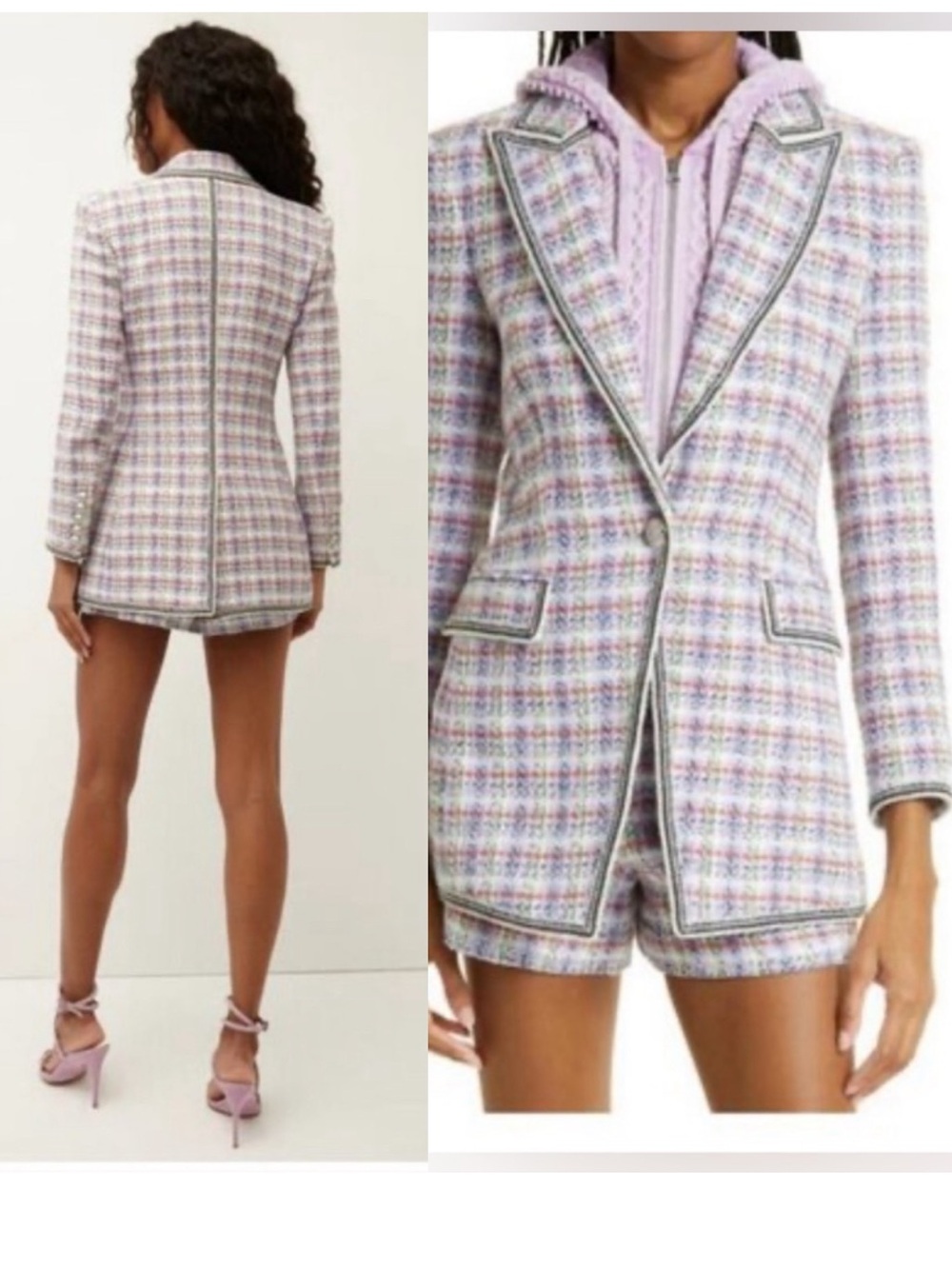 $698 Veronica Beard Etney Tweed Dickey Jacket multiPink Lavender Mint Plaid 14